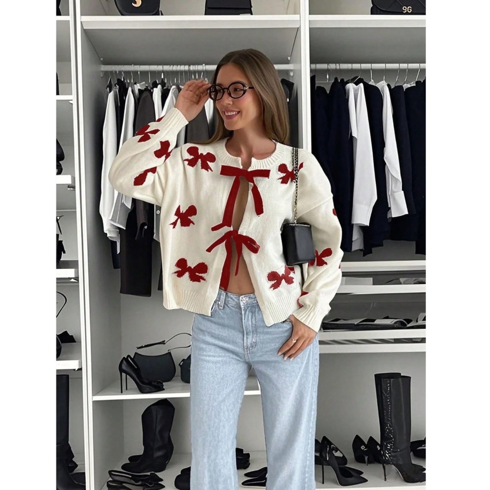 Off White Cardigan With Burgundy Front Ties and Bow Print Pattern Oversized - Picture 2 of 11